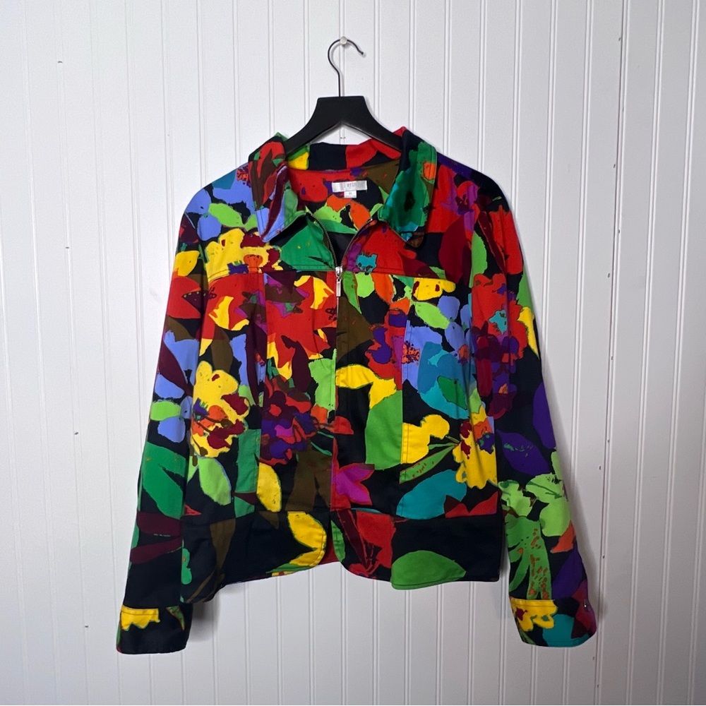 Erin Neon Multicolor Floral Print Spring Easter Full Zip Blazer Jacket Size XL